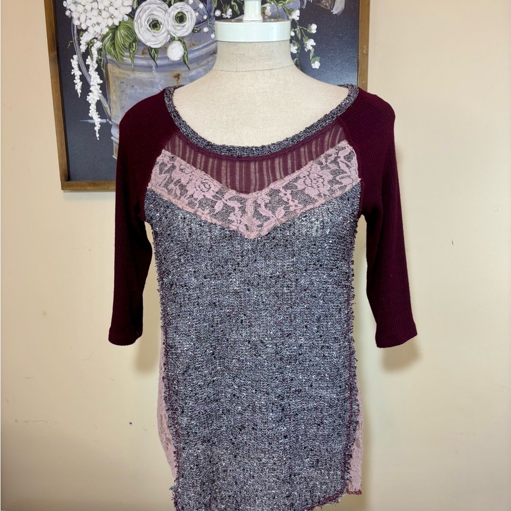 Vintage Free People Burgundy and Pink Lace Top